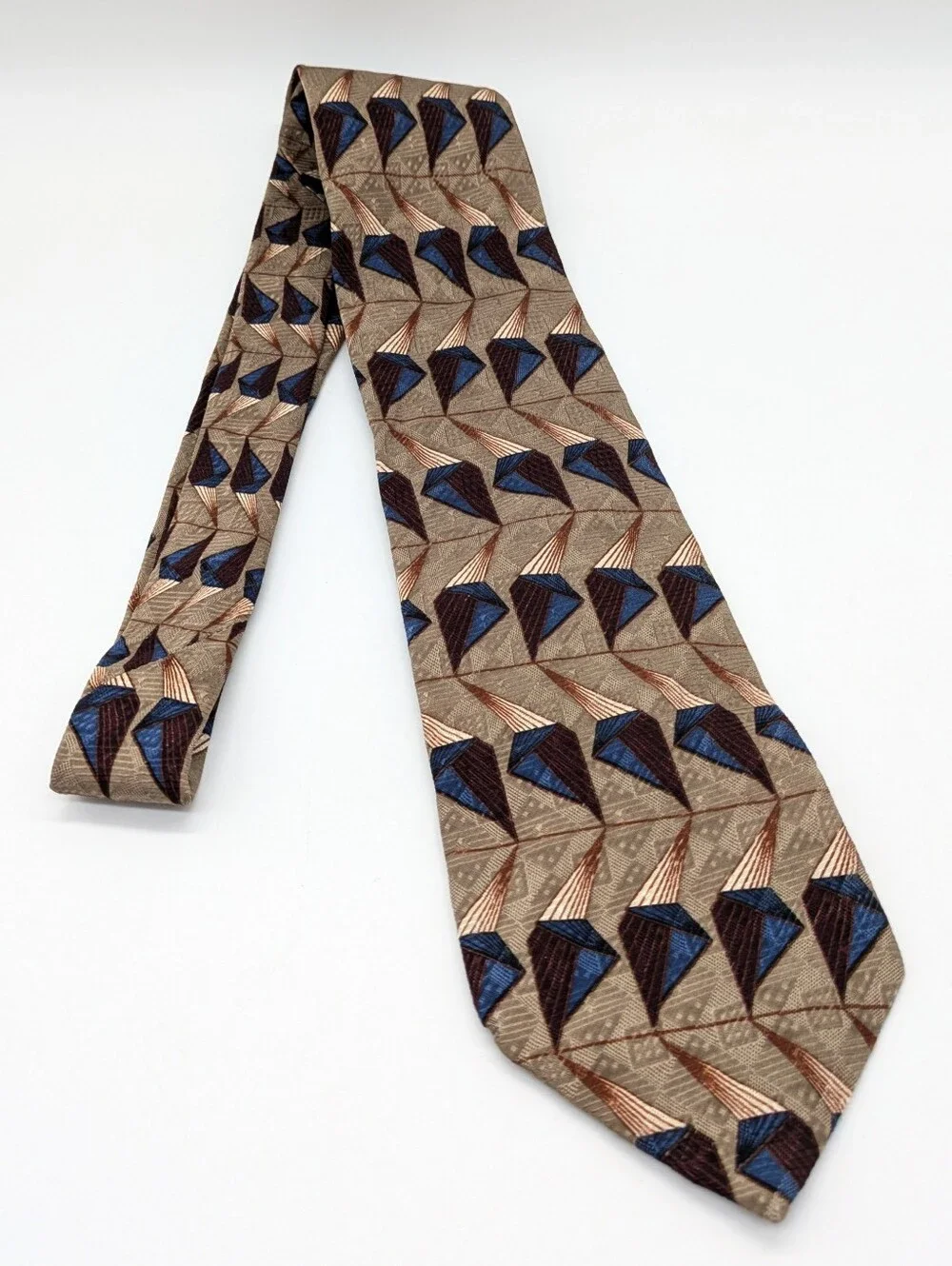 Vintage JZ Richards Nordstrom Brown Blue Maroon Geometric Prism Silk Tie